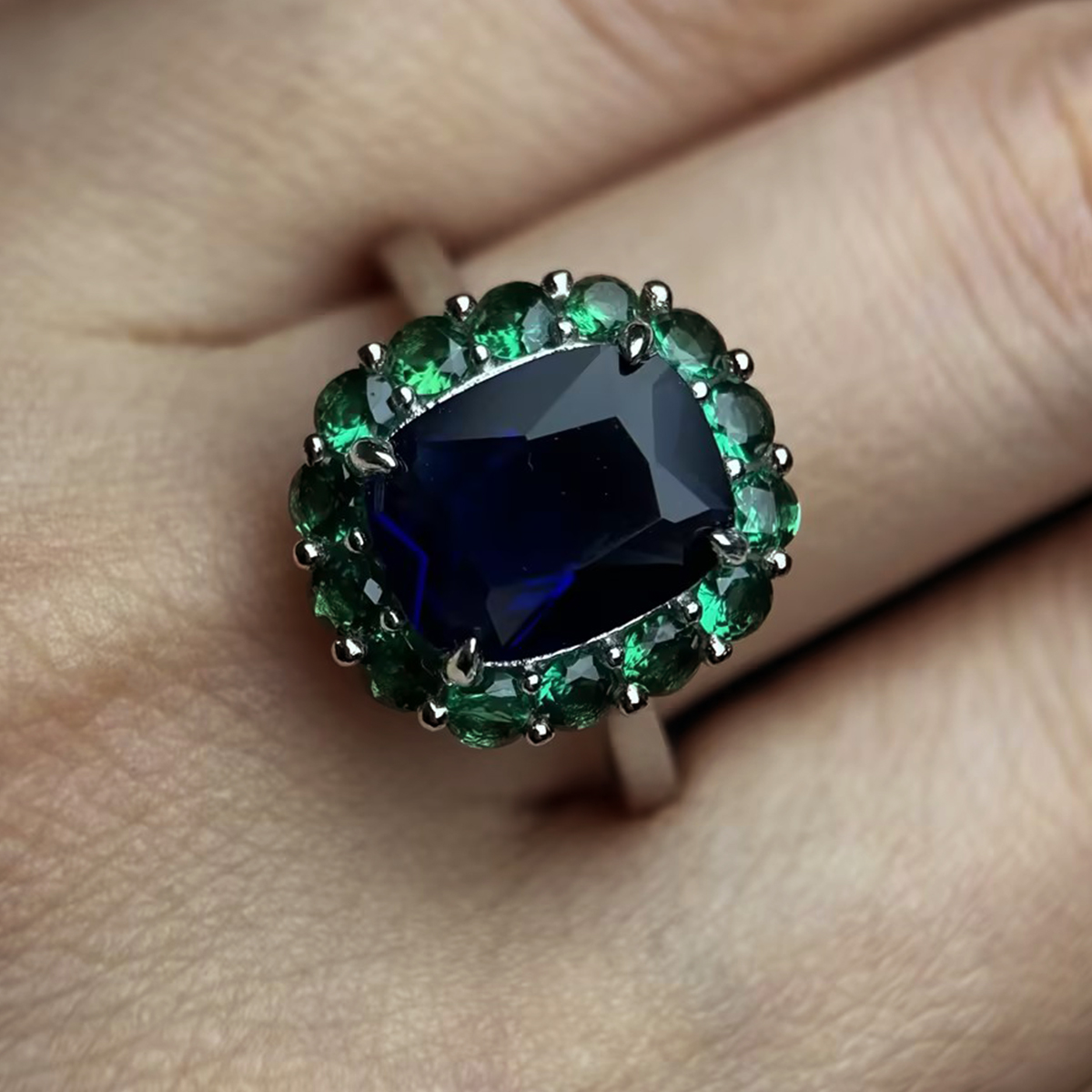 Double Tone Design Halo 4ct Cushion Cut Blue Sapphire Ring