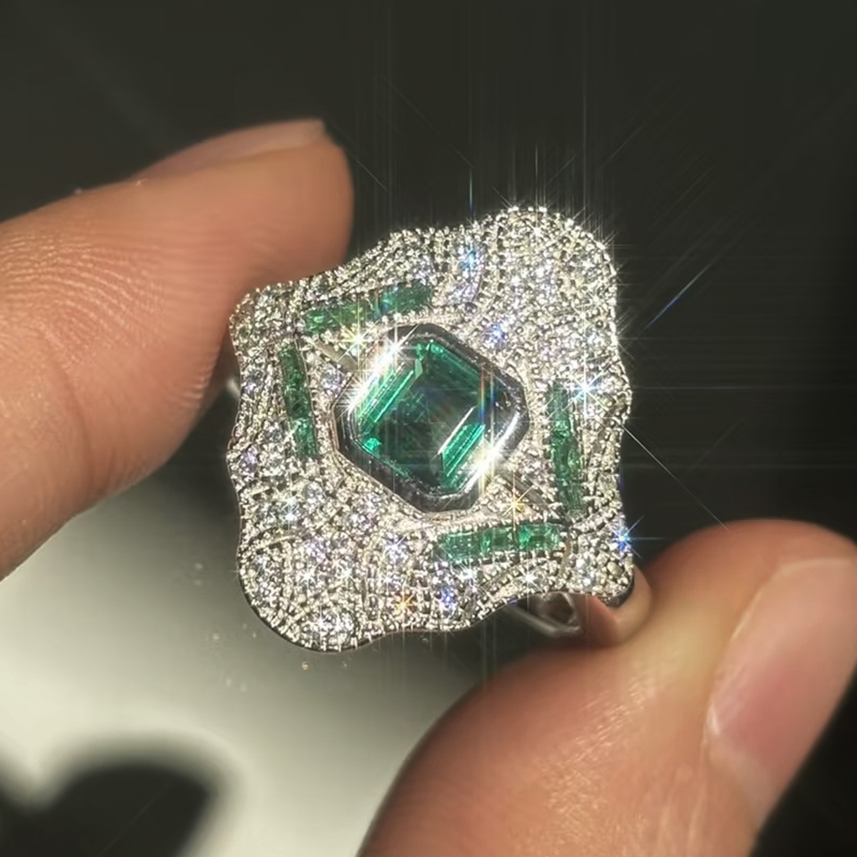 3ct Art Deco Asscher Cut Emerald Sapphire Engagement Ring