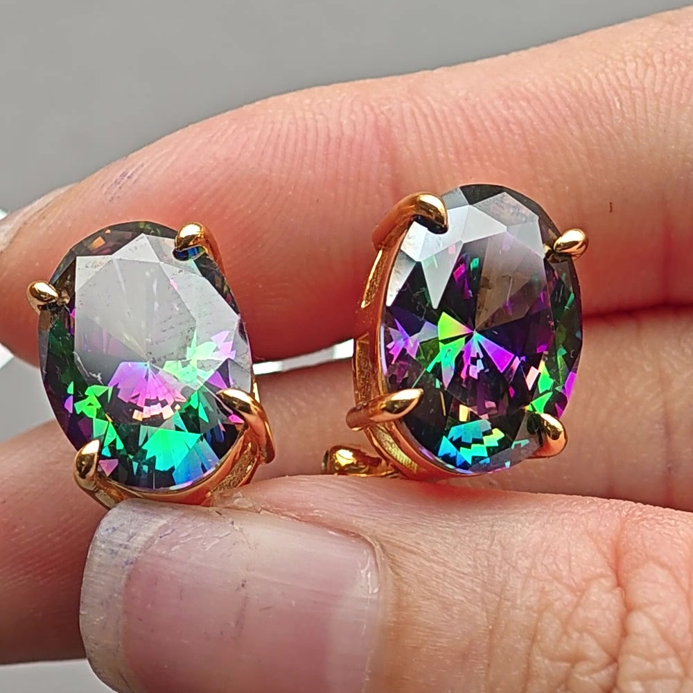 Oval Mystic Topaz Stud Earrings 14K Yellow Gold
