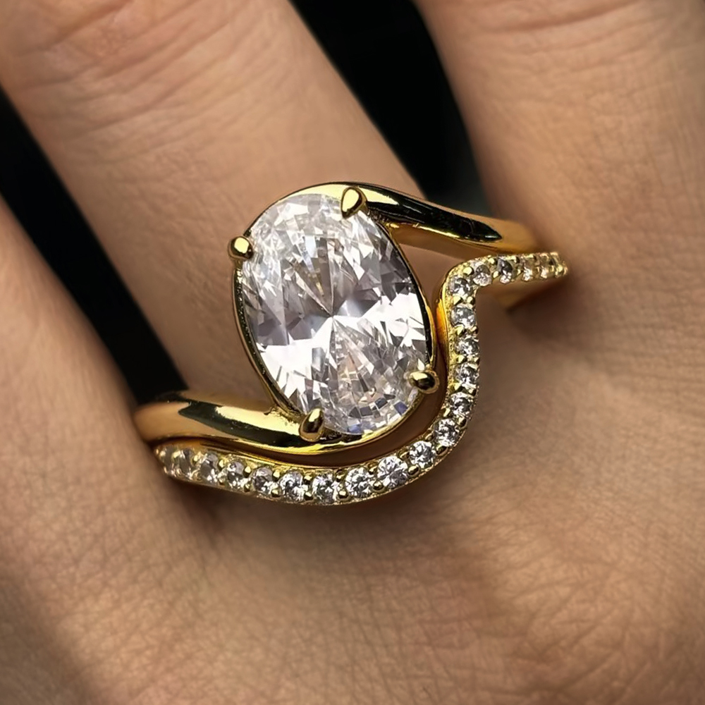 Oval Cut Bypass Shank Prong Setting Ring Bride Set / 2-piece