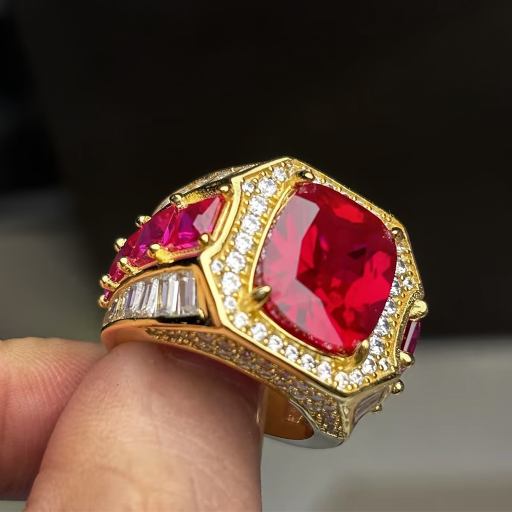 Cushion Cut Ruby & Multi-Cut White Sapphire Men's Ring