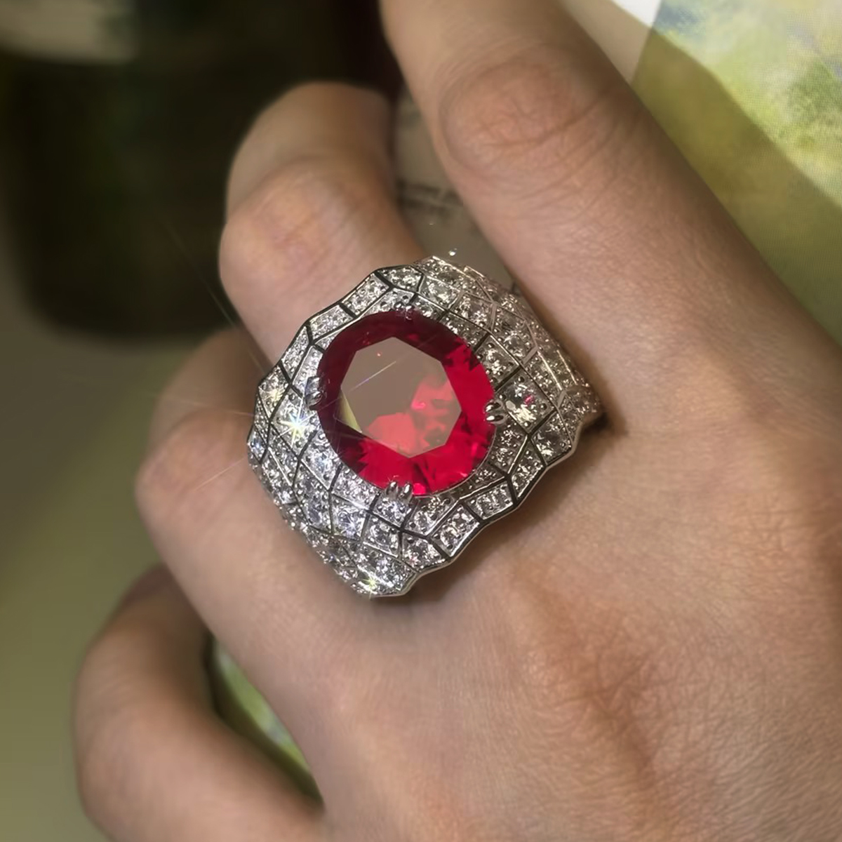 Luxe Grid Pattern Ruby Oval Cut & Pave Diamond Accents Cocktail Ring