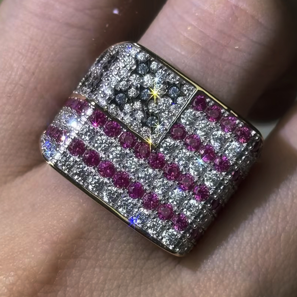 American Flag Motif White Sapphire Statement Band for Men/Women