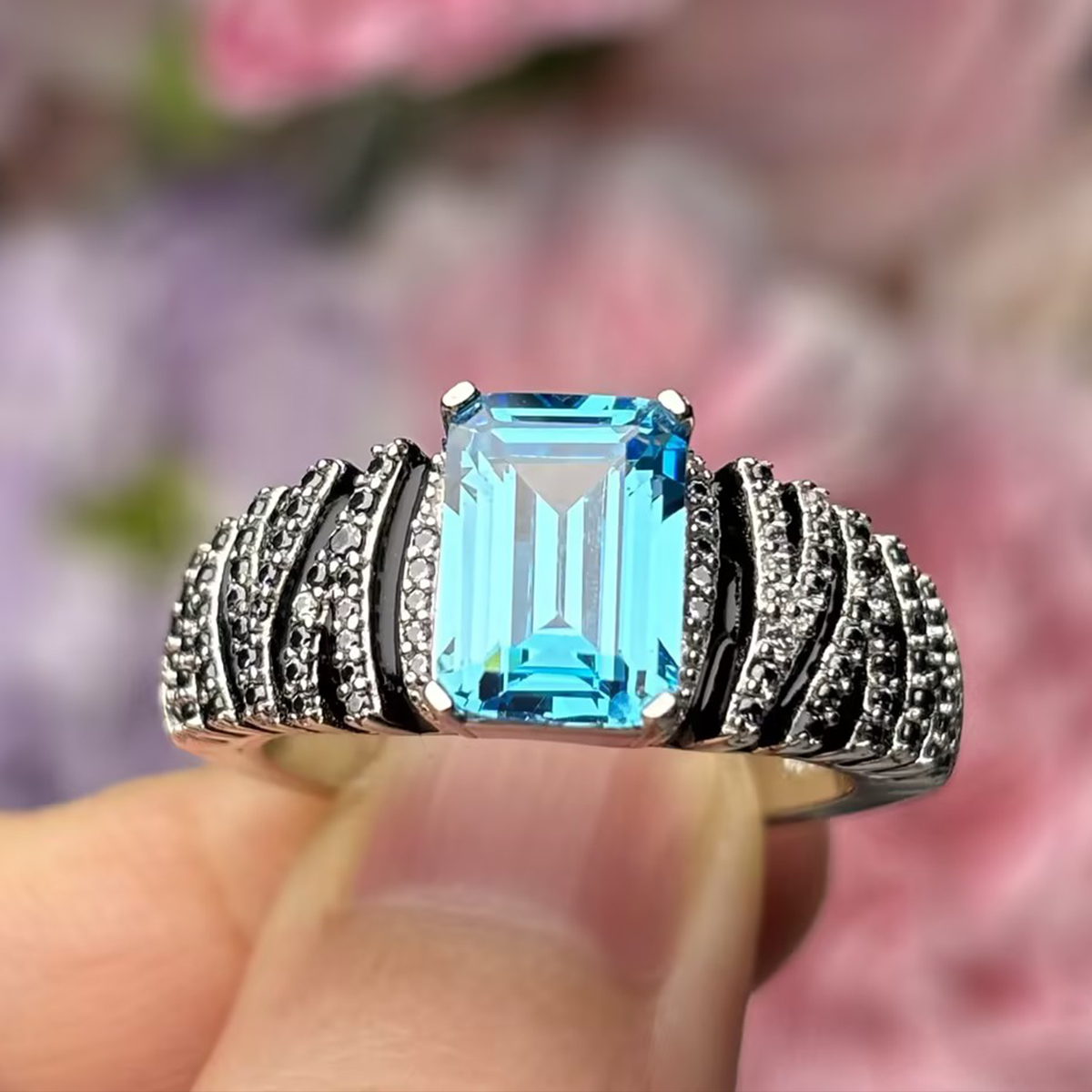 Two-Tone Emerald Cut Aquamarine Engagement Ring