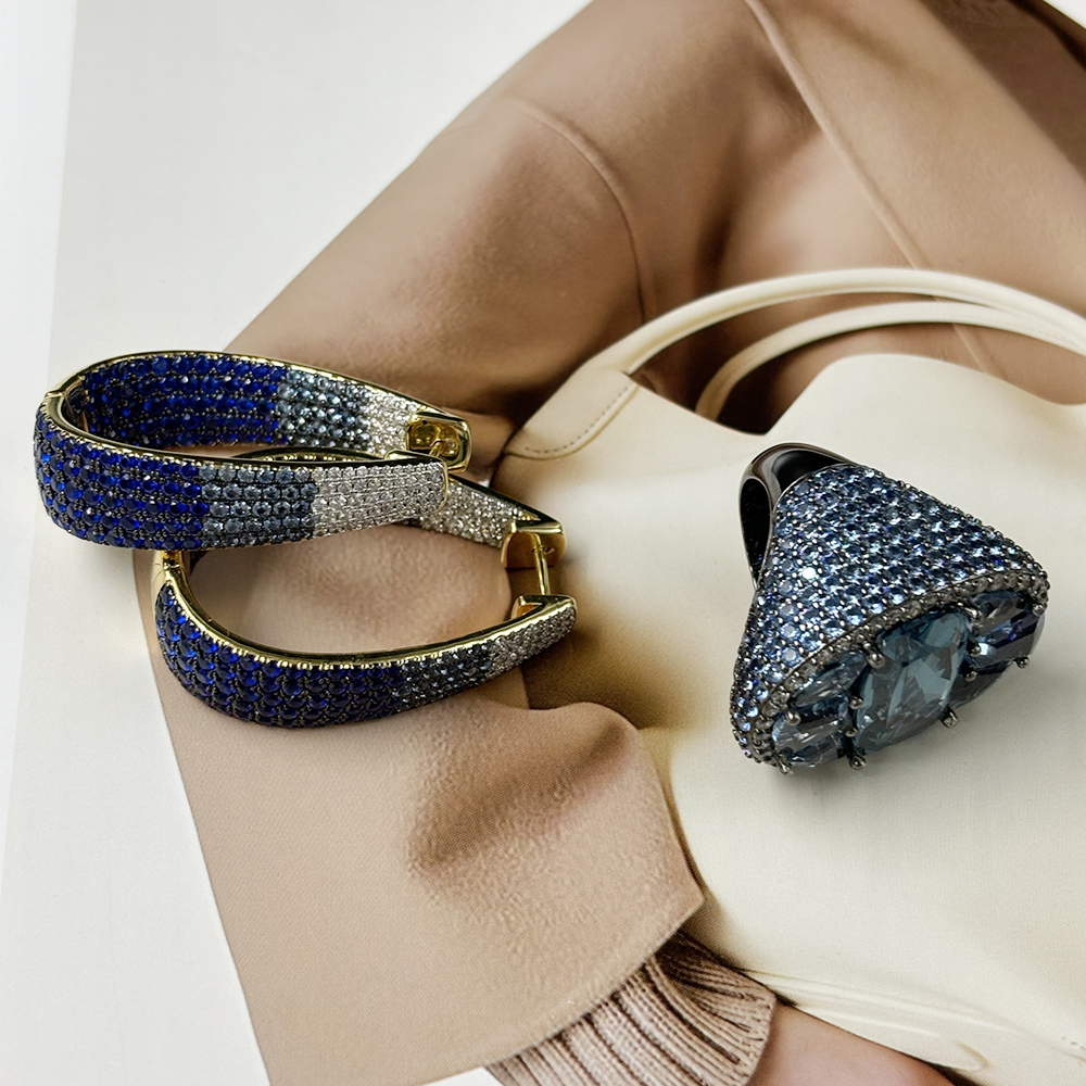 Gradient Sapphire Earrings & Aquamarine Ring Jewelry Set/2pcs