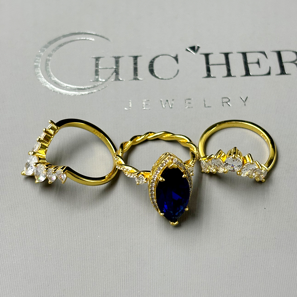 Halo 6ct Marquise Cut Blue Sapphire Wedding Set/3pcs