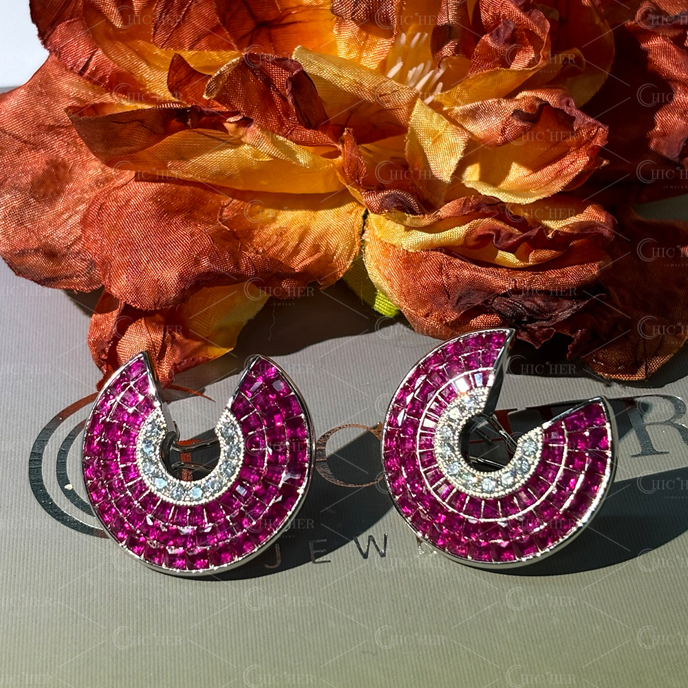 Invisible Setting Ruby&White Sapphire Scallop Earrings