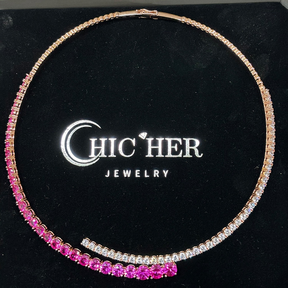 Two Tone Pink&White Sapphire Open Choker Necklace