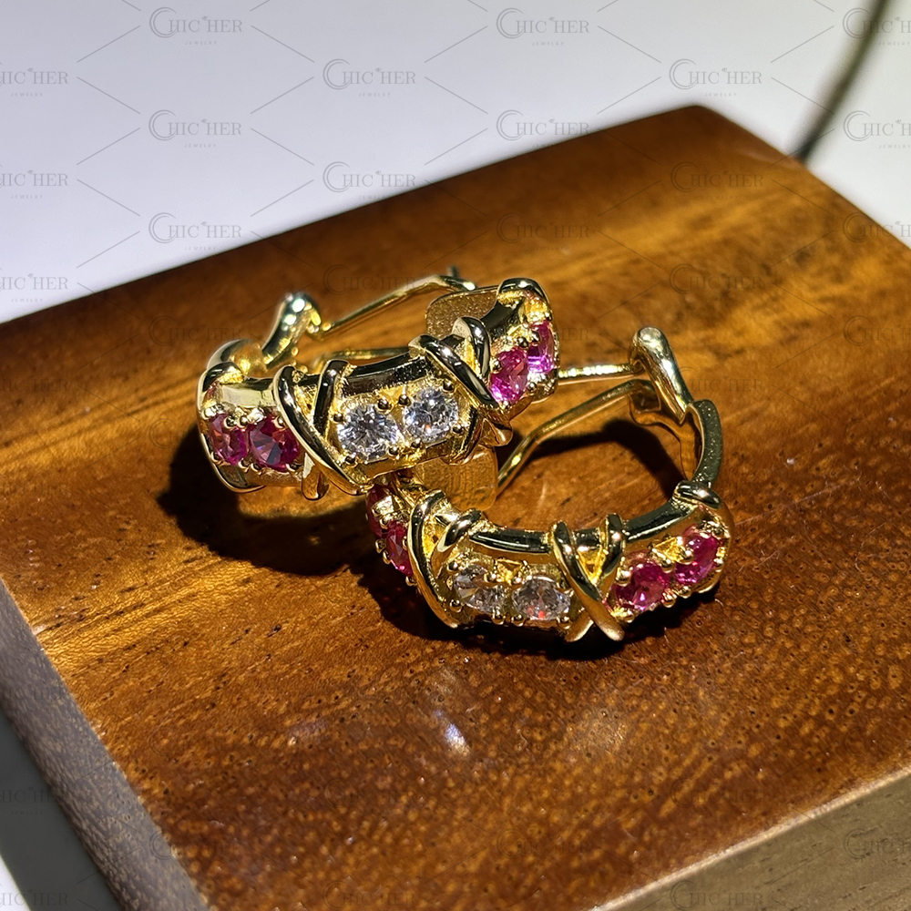 Two Tone Round Cut Pink&White Sapphire Hoop Earrings