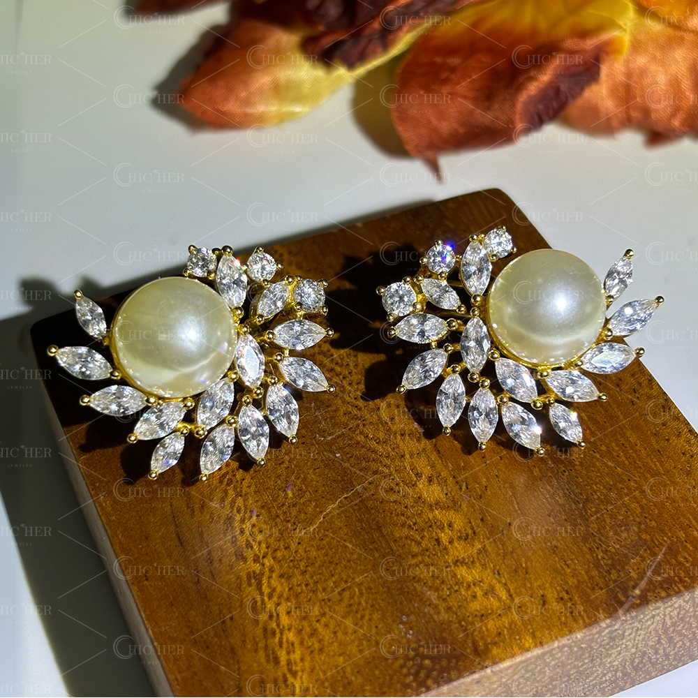 Art Deco Gold Pearl&Diamond Stud Earrings