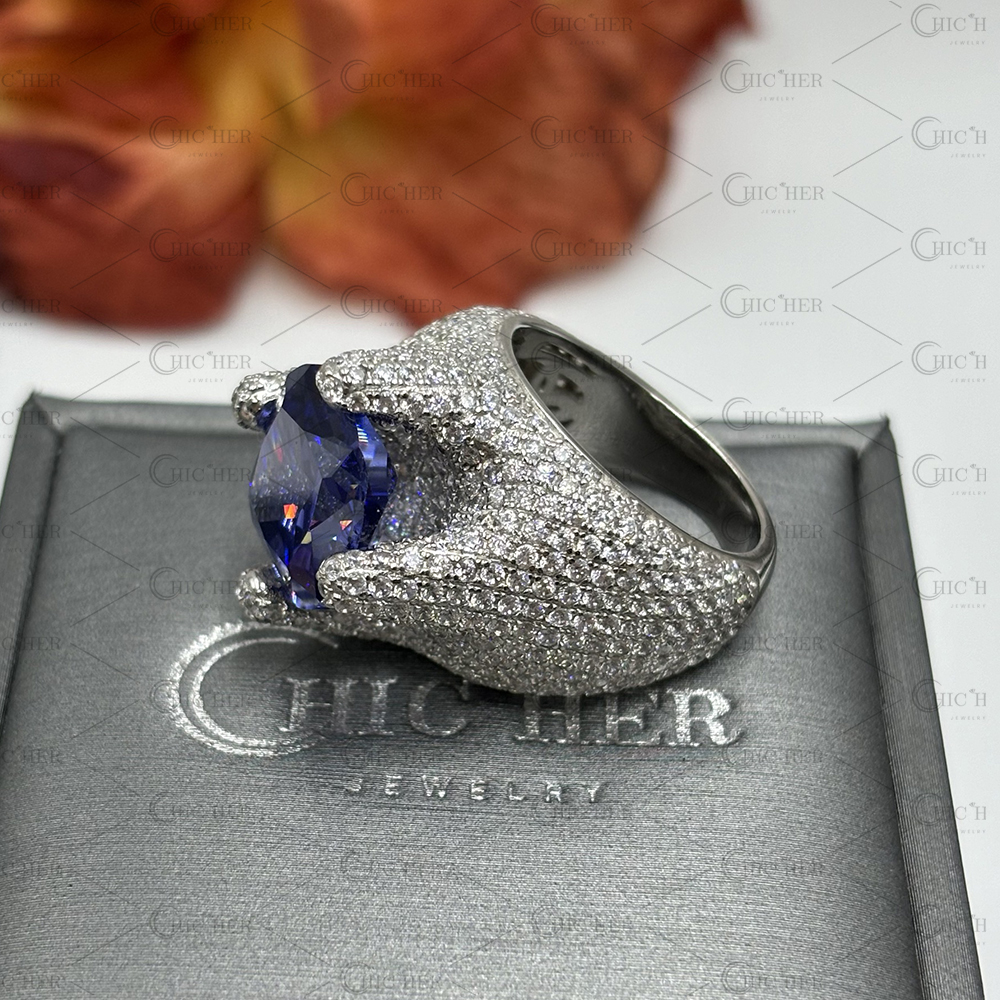 7ct Paved Setting Cushion Cut Blue Sapphire Cocktail Ring