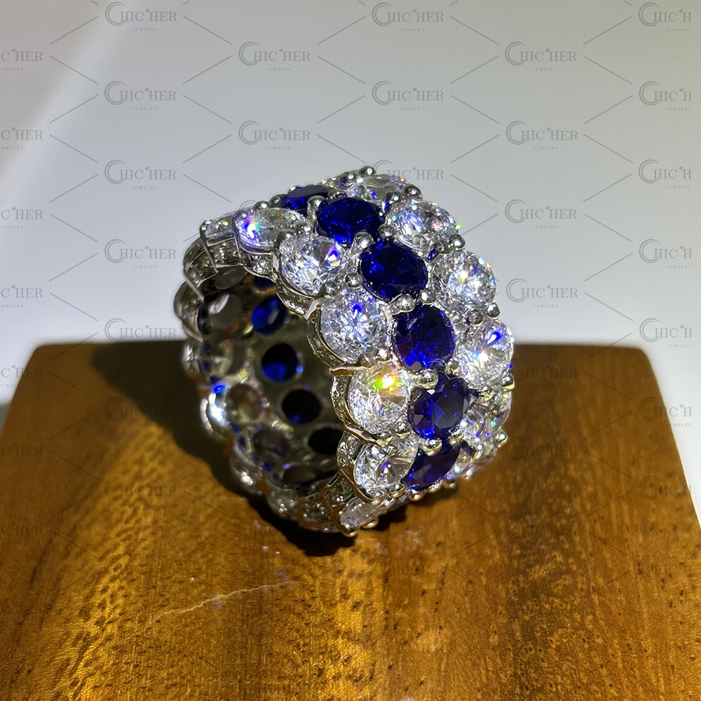 Two Style Round Cut Sapphire&Diamond Wedding Band