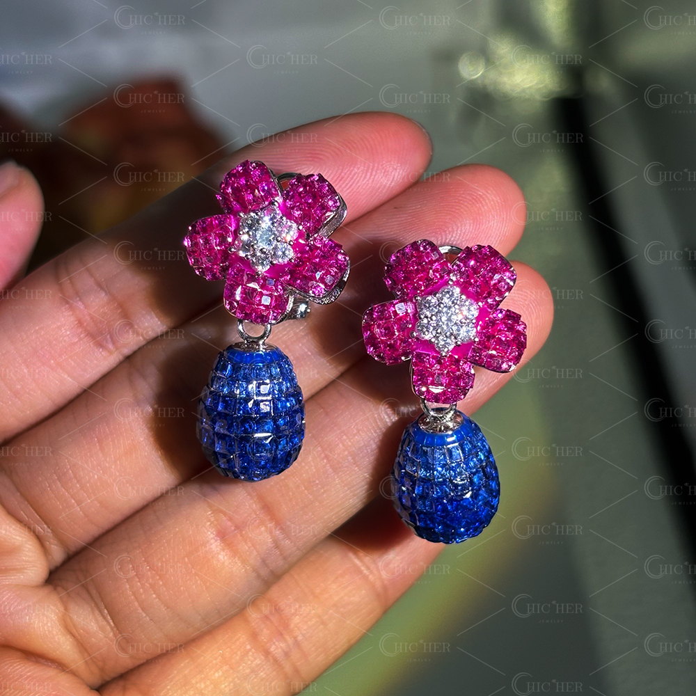 Flower Design Invisible Setting Diamond&Ruby&Sapphire Dangle Earrings