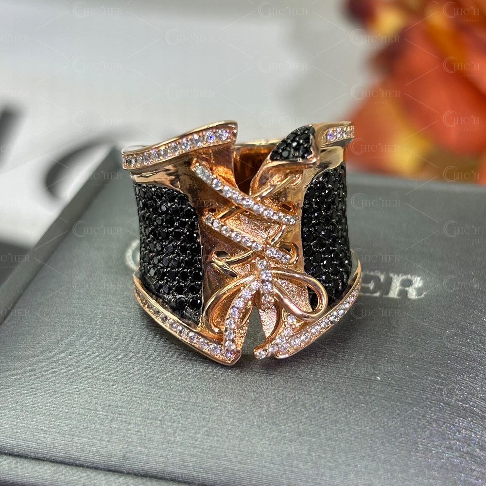 Bustier Design 2.95ct Black&White Sapphire Pave Cocktail Ring