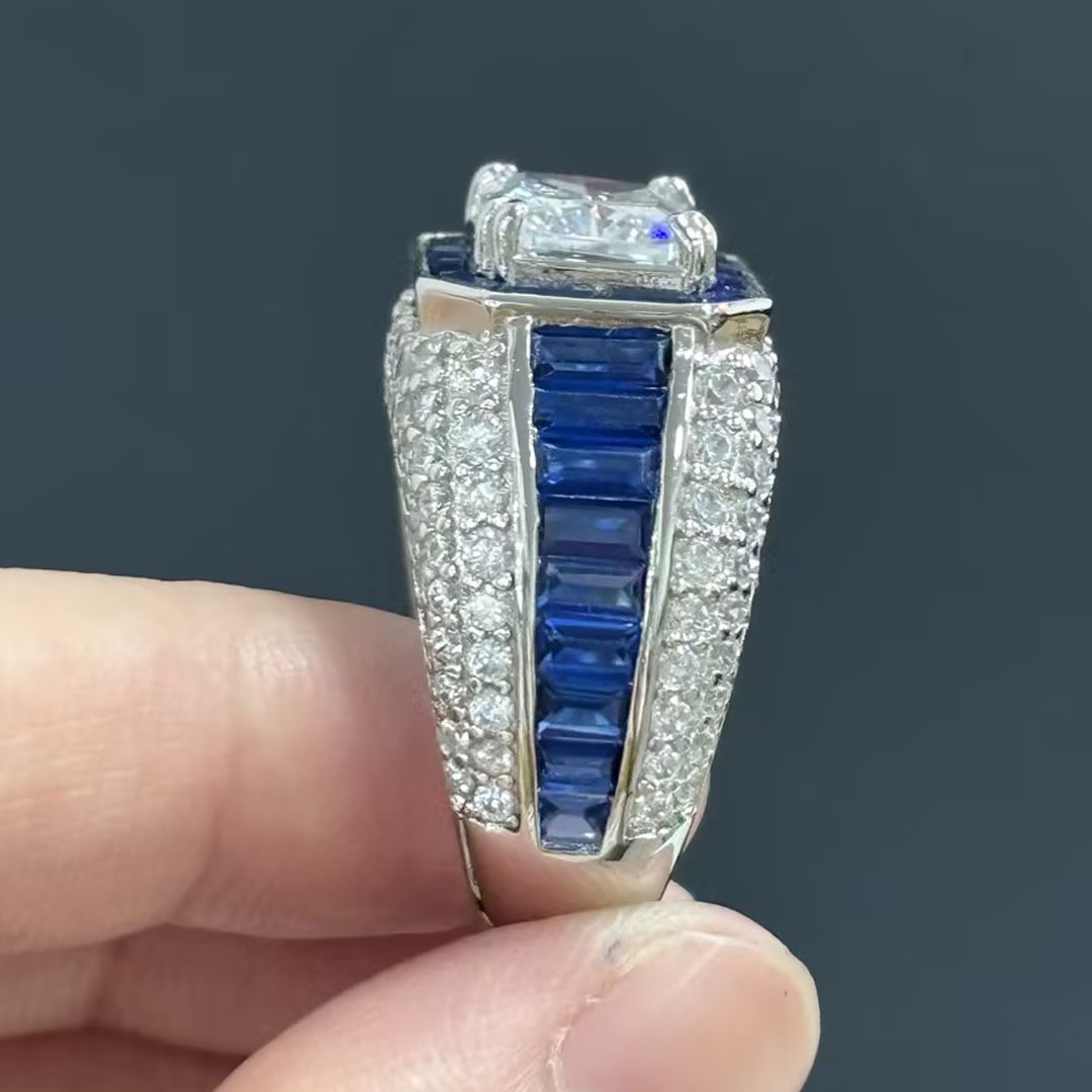 4ct Sapphire Halo Emerald Cut White Sapphire Men's Ring