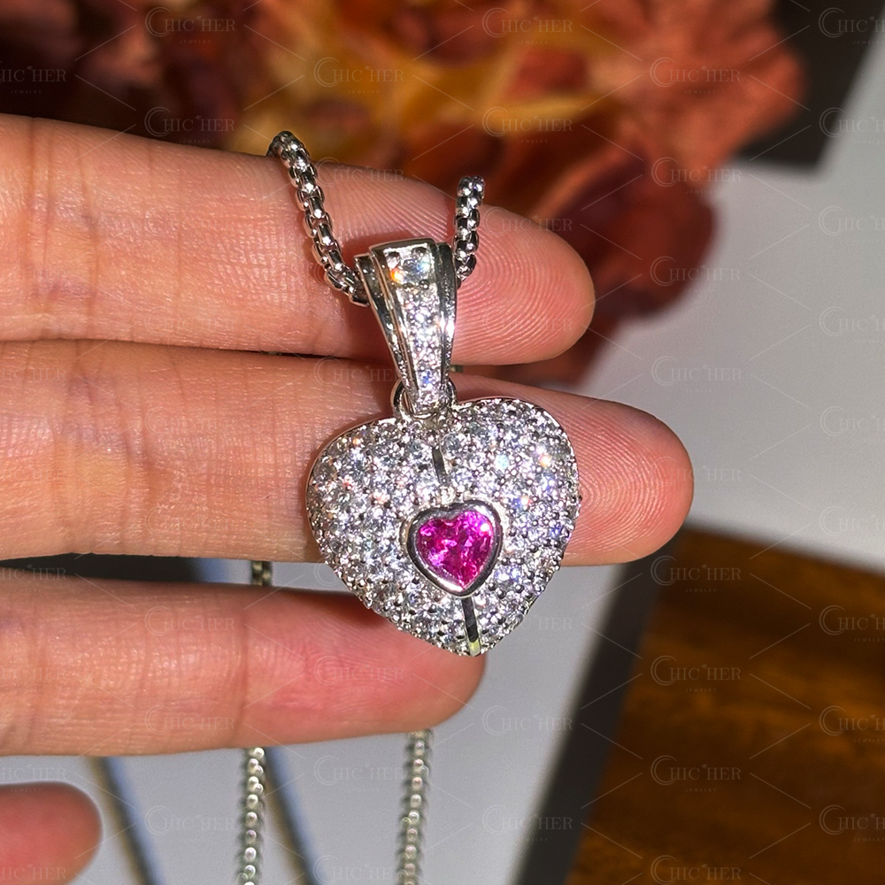 Fashion Two-tone Pink&Diamond Heart Pendant Necklace
