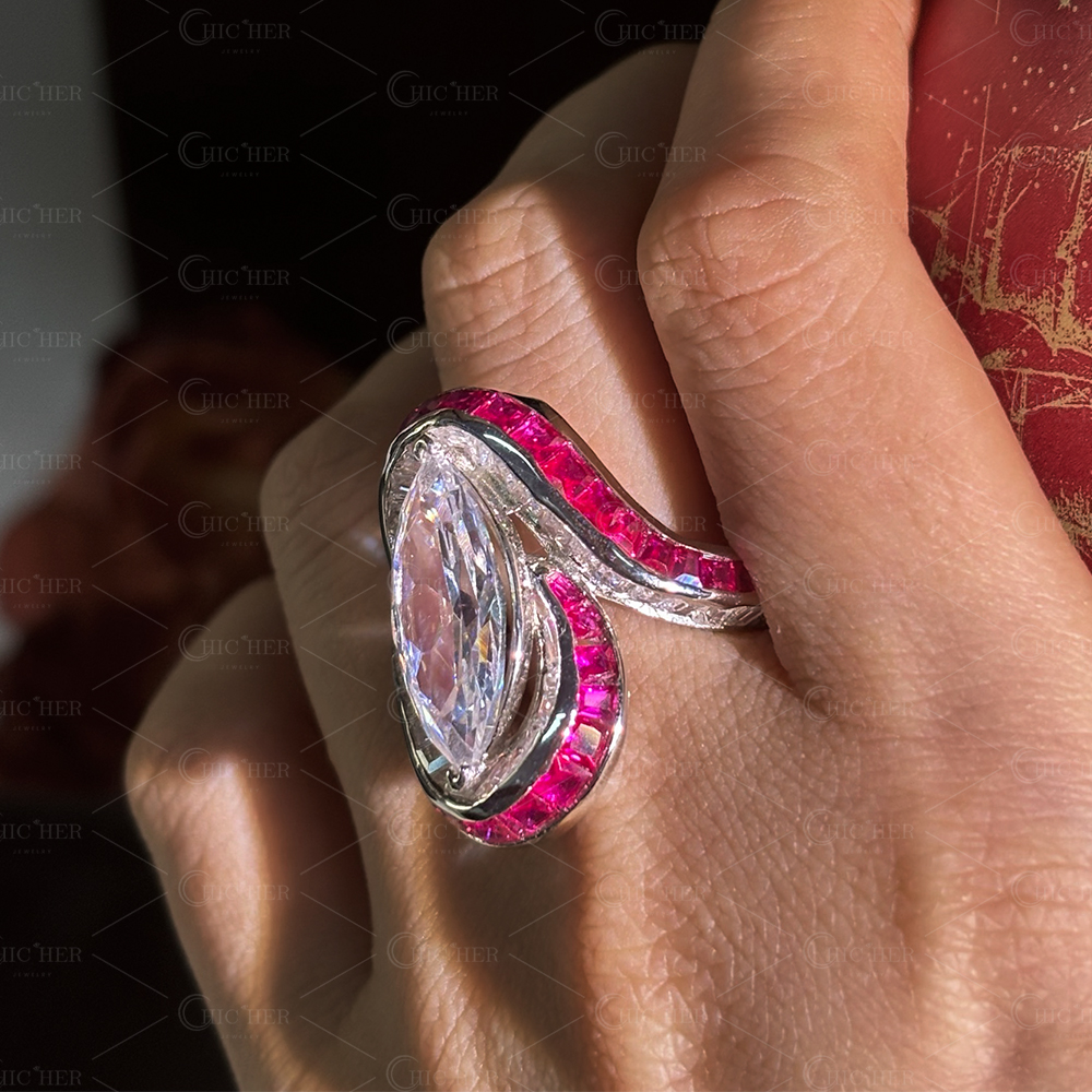 Invisible Setting 5ct Marquise Cut White Sapphire Swirling Ring