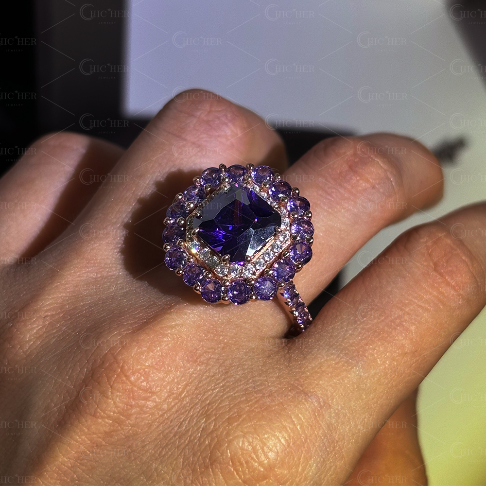 Double Halo 4ct Radiant Cut Amethyst Sapphire Engagement Ring
