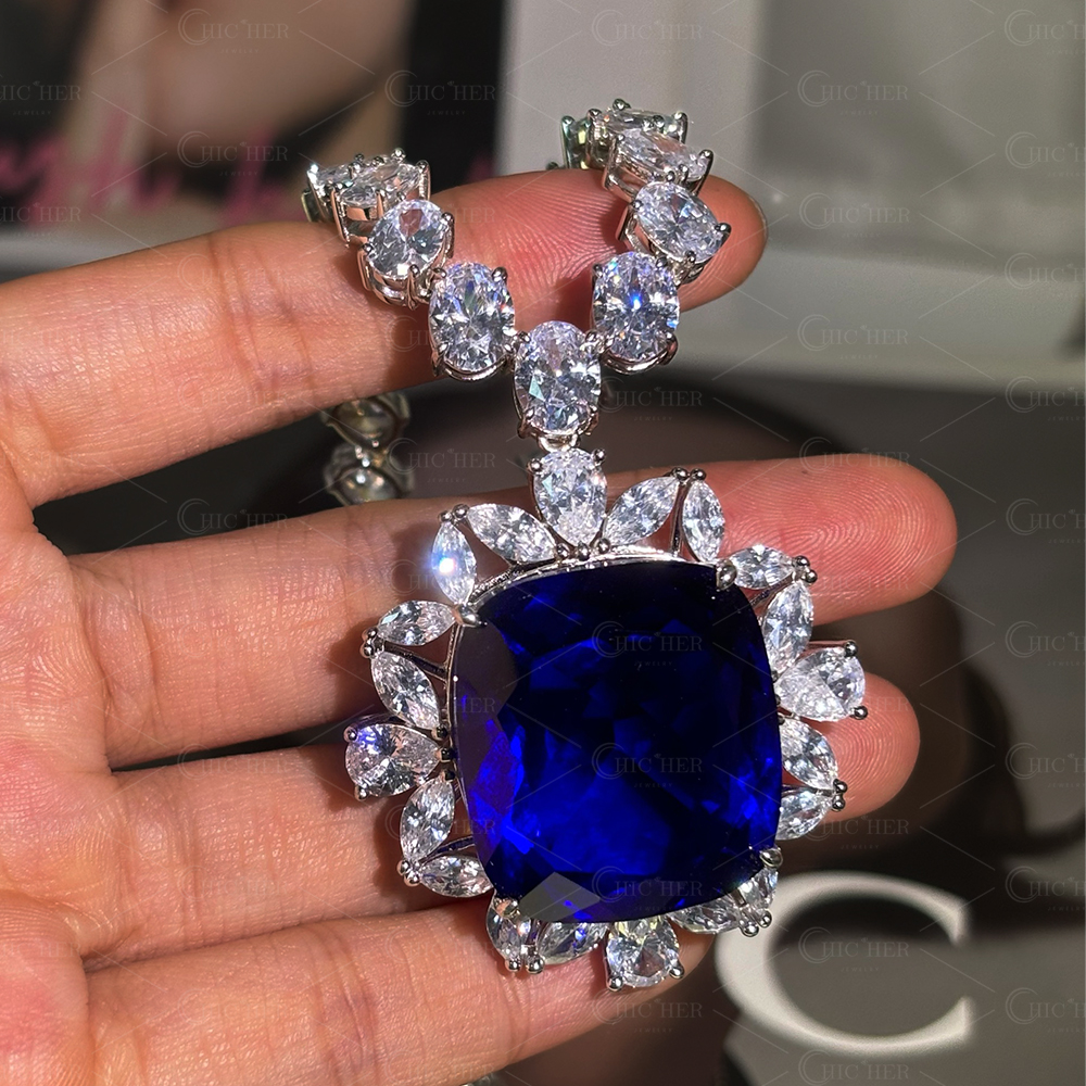 Halo Cushion Cut Blue Sapphire Pendant Necklace