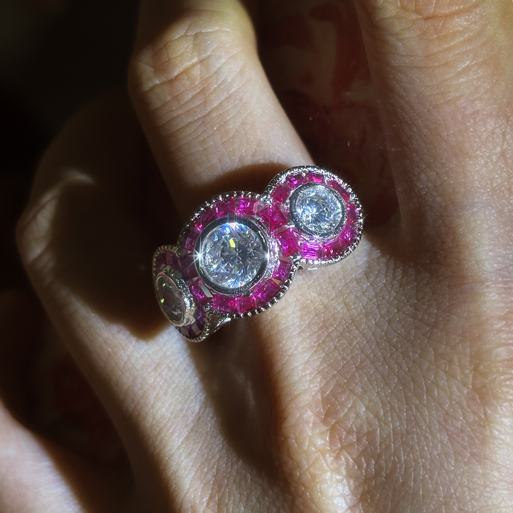 Art Deco Ruby Halo 5ct Round Cut White Sapphire Three Stone Ring