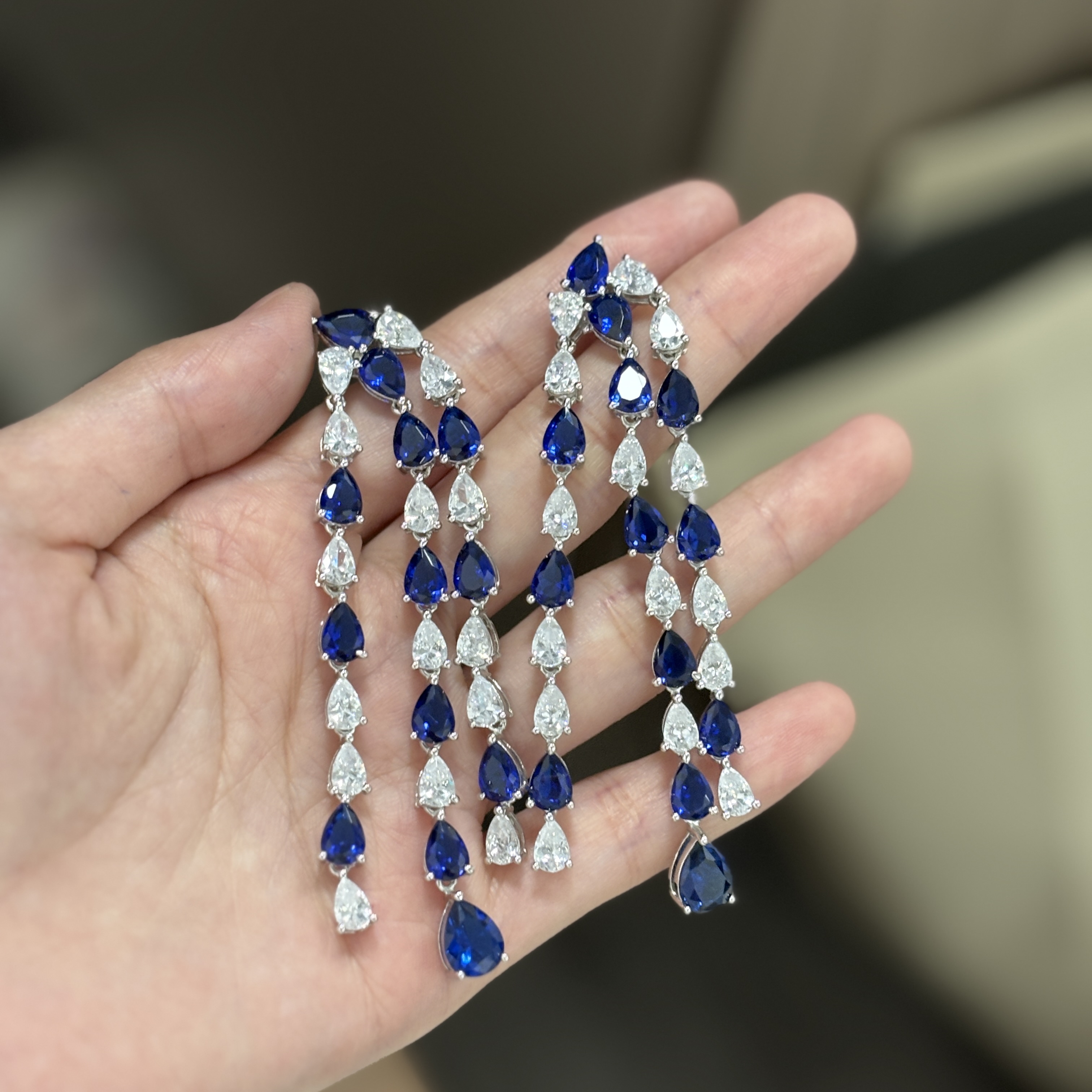 Floral Design Blue Sapphire Necklace&Earrings/2pcs