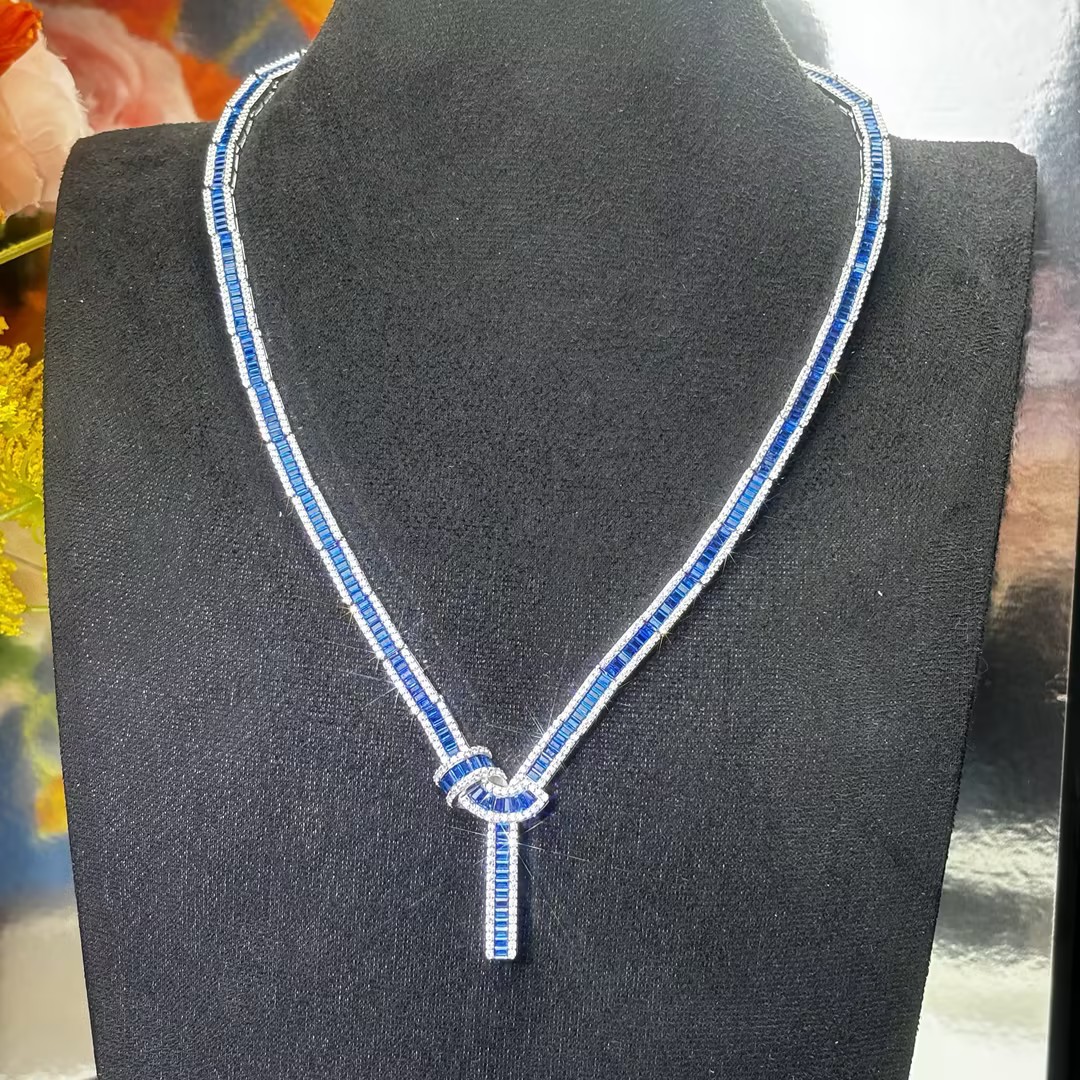 Fashion Baguette Cut Blue / Green Sapphire Tight Knot Necklace(2 Color Options)