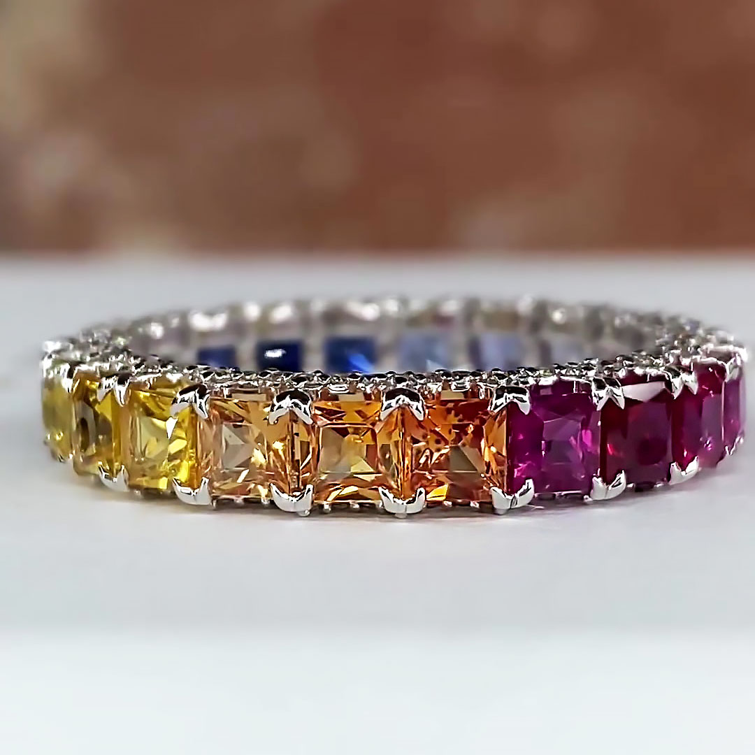 5.25ct Princess Cut Rainbow Sapphire Eternity Ring