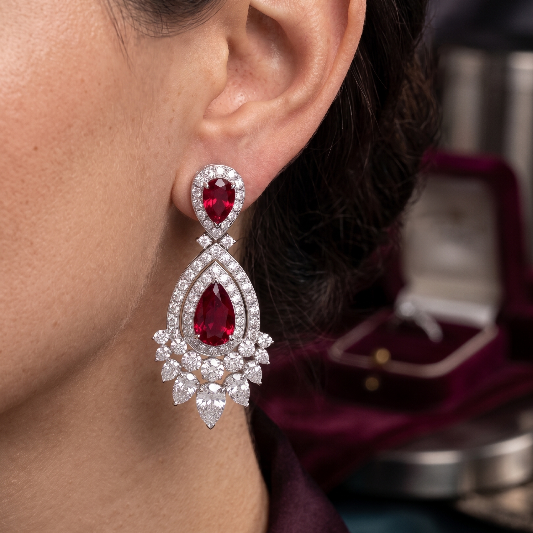 Original Design - Ruby & White Sapphire Dangle Earrings