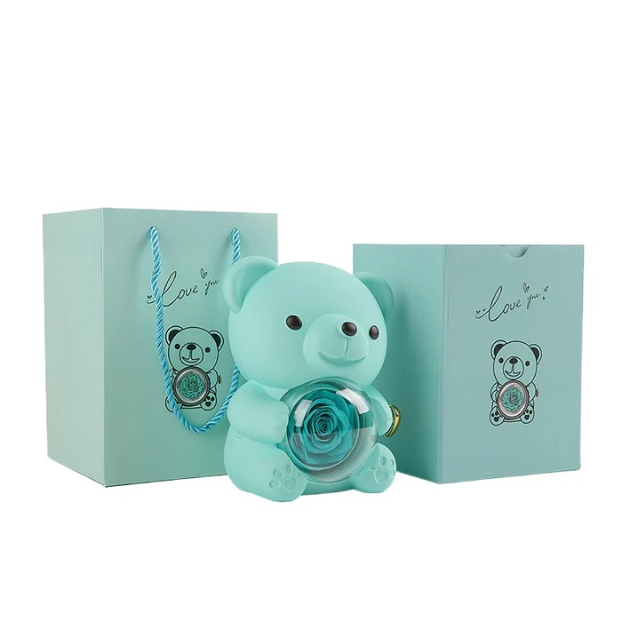 Light blue Hug Bear Preserved Flower Jewelry Box