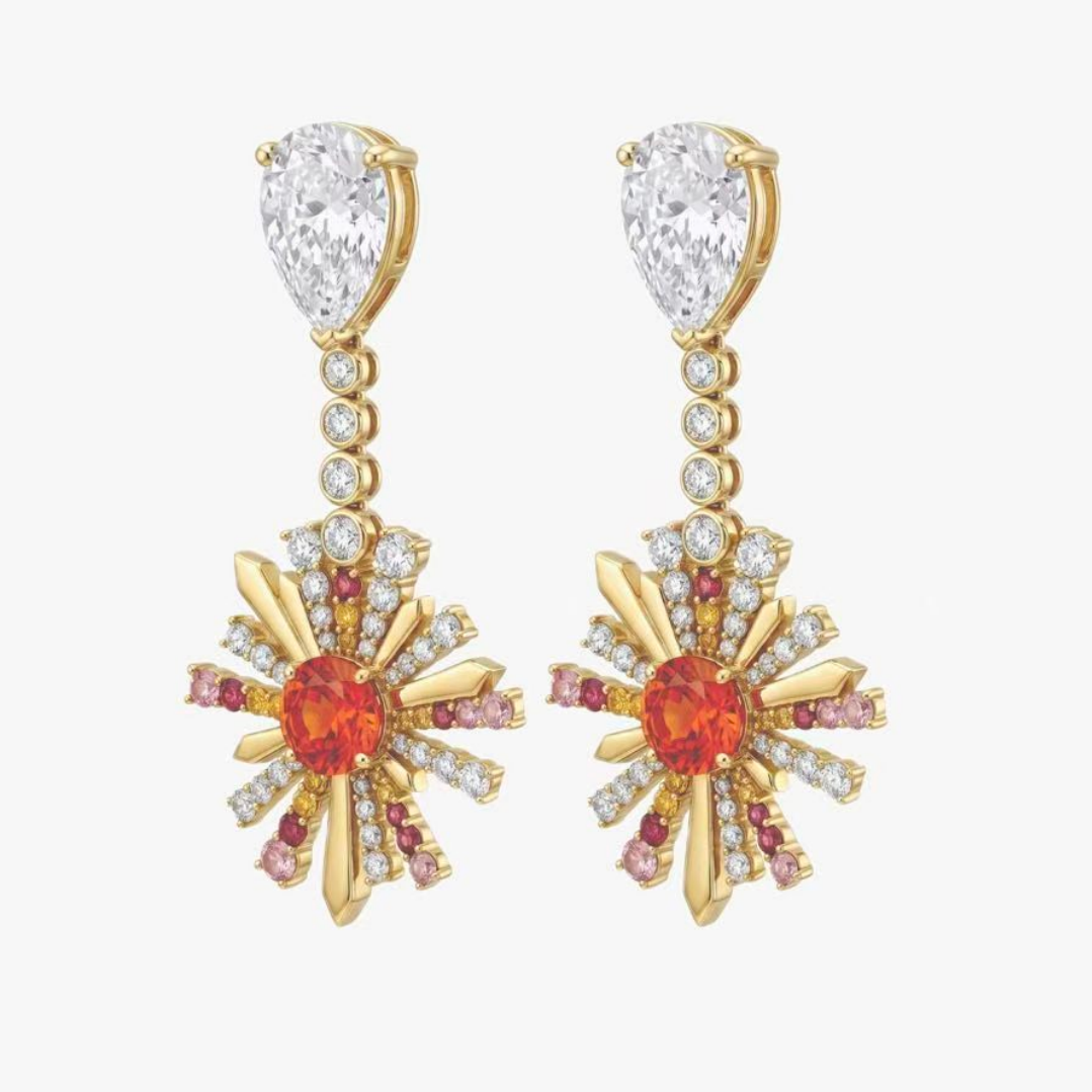 Original Design - Round Cut Orange Sapphire Dangle Earrings
