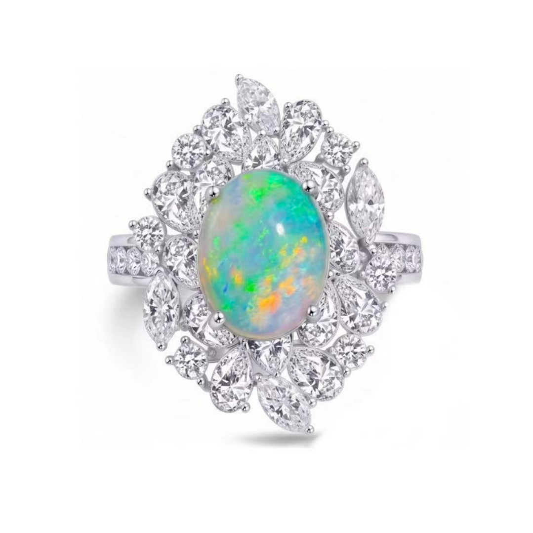Original Design - Oval Cabochon Cut Opal & White Moissanite Engagement Ring