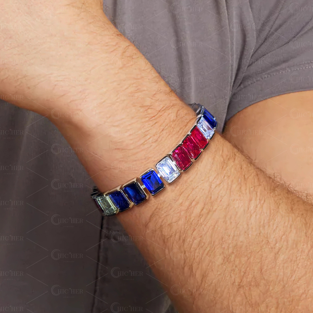 Emerald Cut Ruby&Blue Sapphire Men's Bracelet