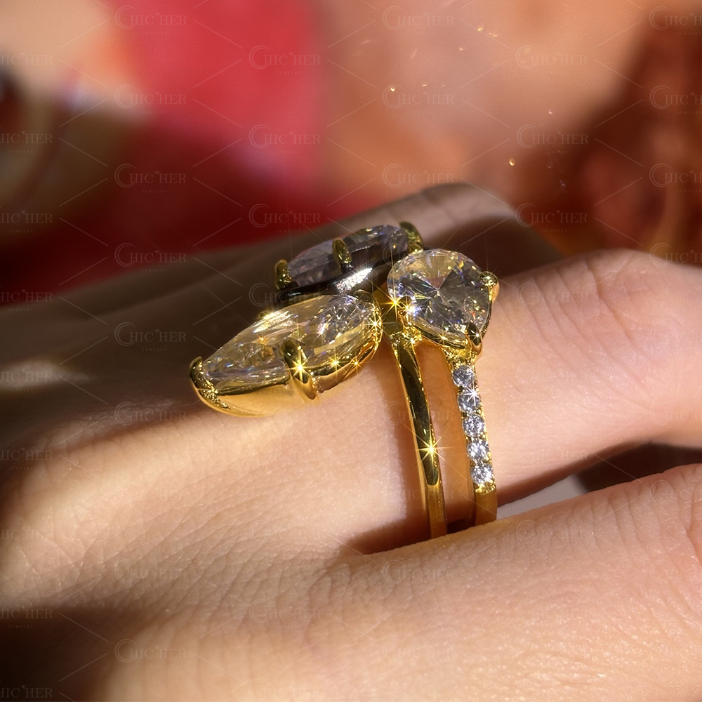 7.5ct Pear Cut White Sapphire Weeding Ring Set/ 3pcs