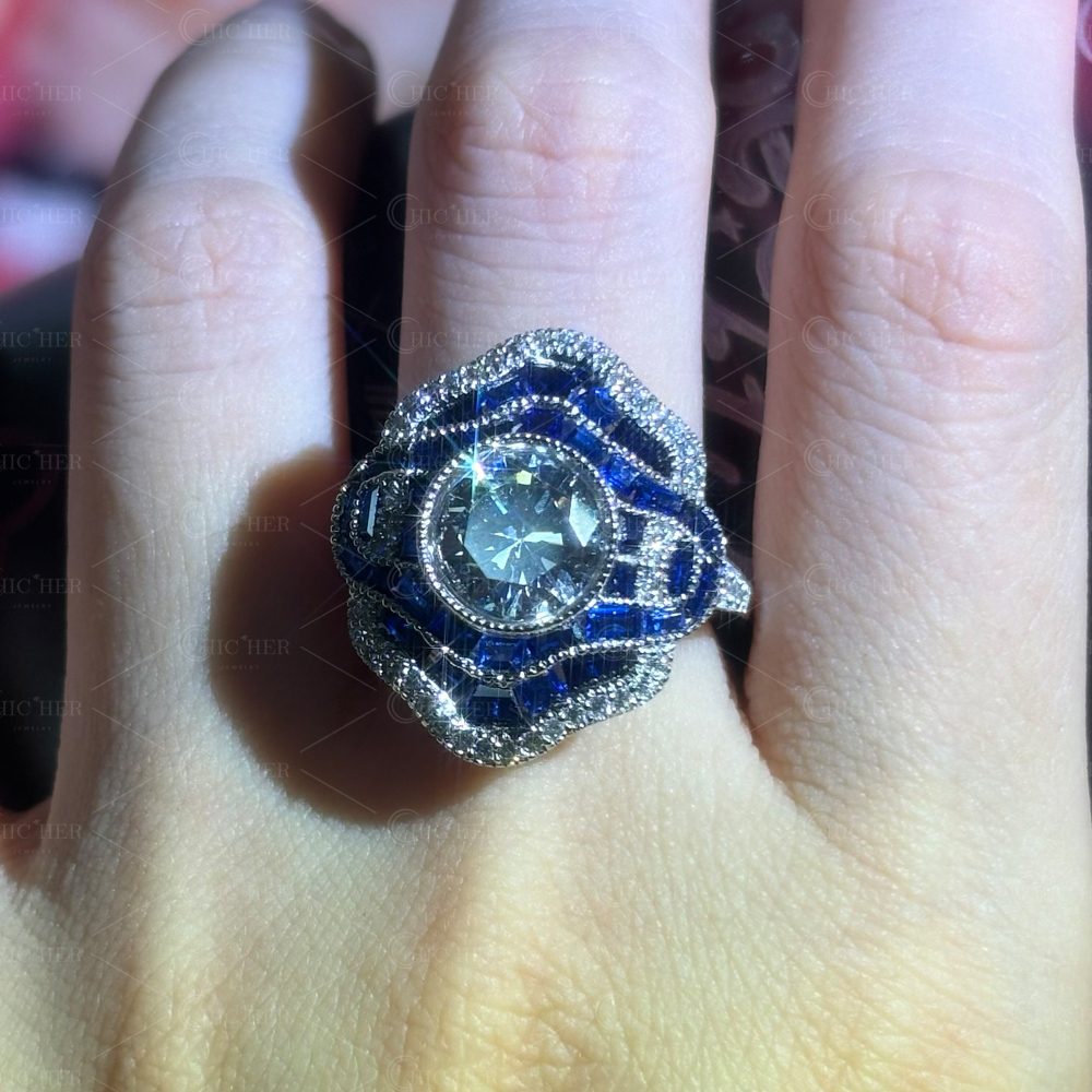 Art Deco 2.5ct Two Tone White&Blue Sapphire Engagement Ring