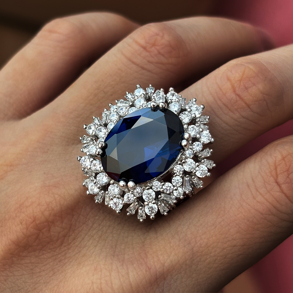 6.75ct Oval Cut Blue Sapphire Engagement Ring