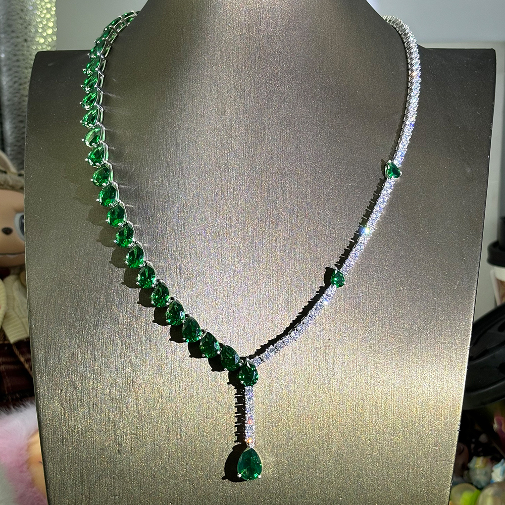 Two Tone Emerald&White Sapphire Lariat Necklace