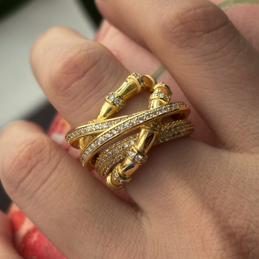 Bamboo Design 0.8ct White Sapphire Pave Ring