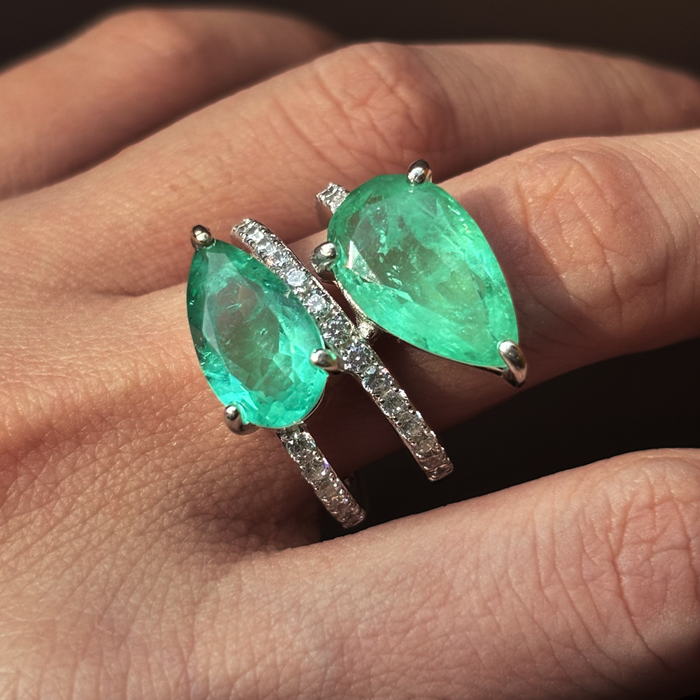 4.55ct Double-stone  Pear Cut Green Sapphire Ring