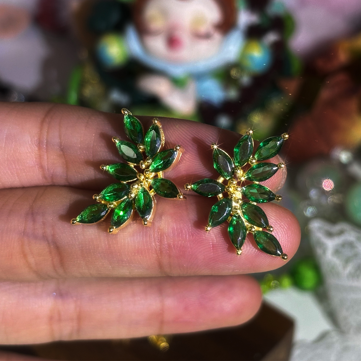 Vintage Marquise Cut Emerald Sapphire Stud Earrings