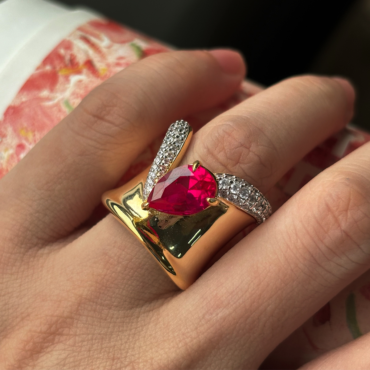 Luxury 3ct Pear Cut Ruby Sapphire Cocktail Ring