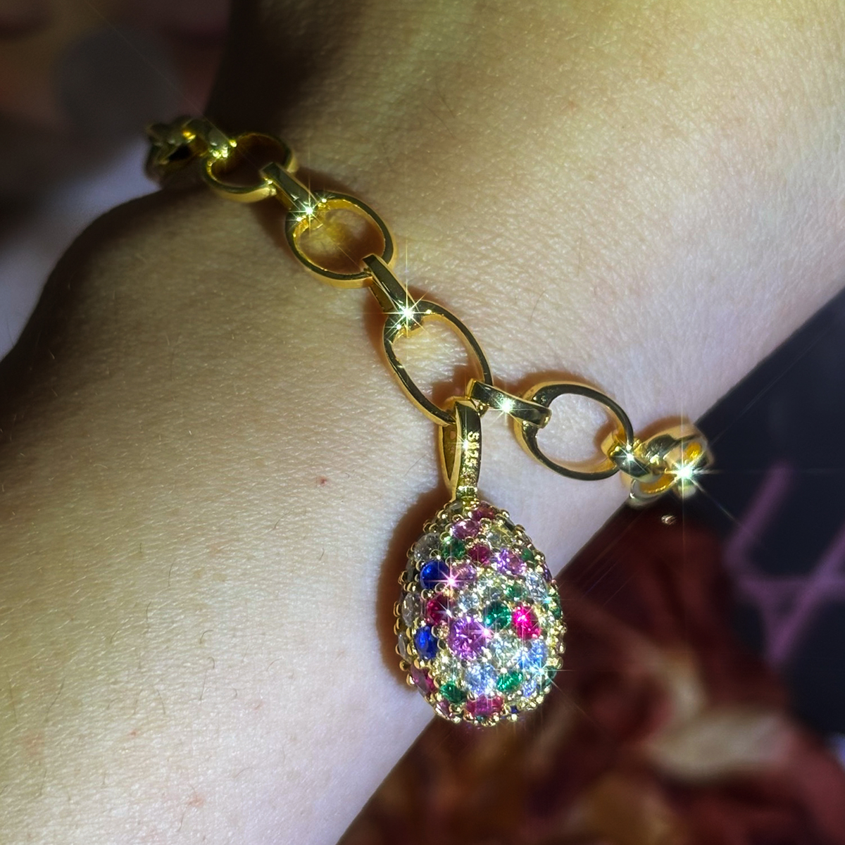 Egg Pendant Round Cut Rainbow Sapphire Chain Bracelet