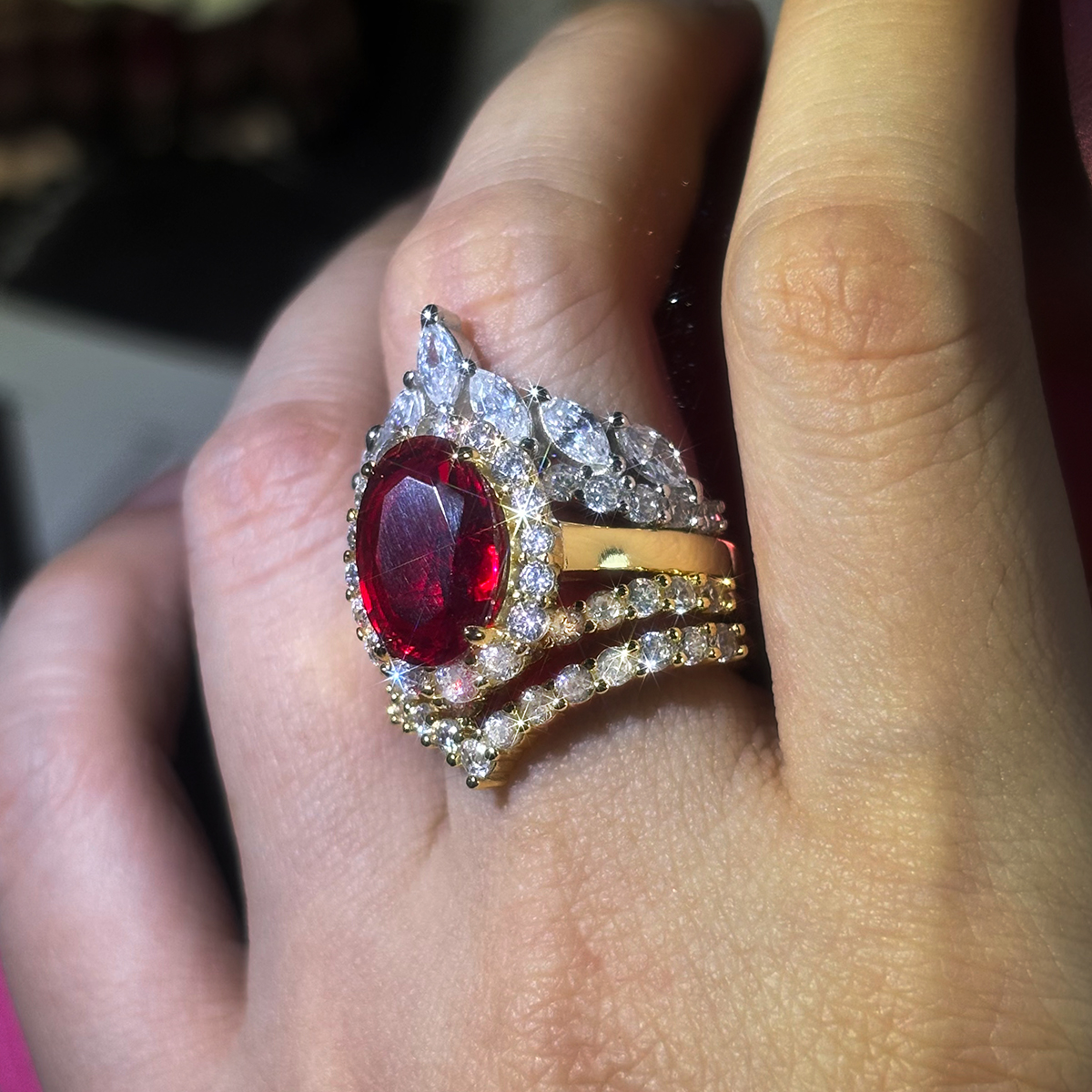 Halo 4ct Oval Cut Ruby Sapphire Wedding Set/4pcs