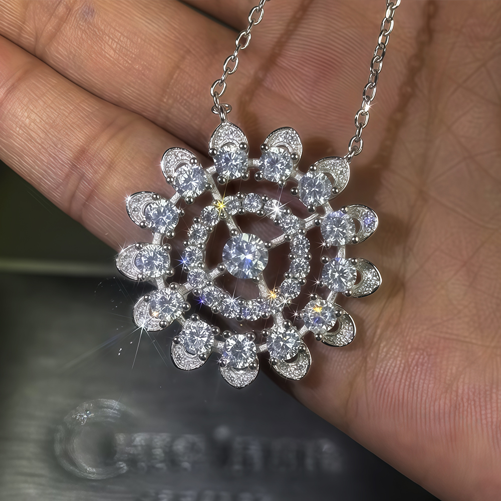 Sunflower Design Round Cut White Sapphire Pendant Necklace