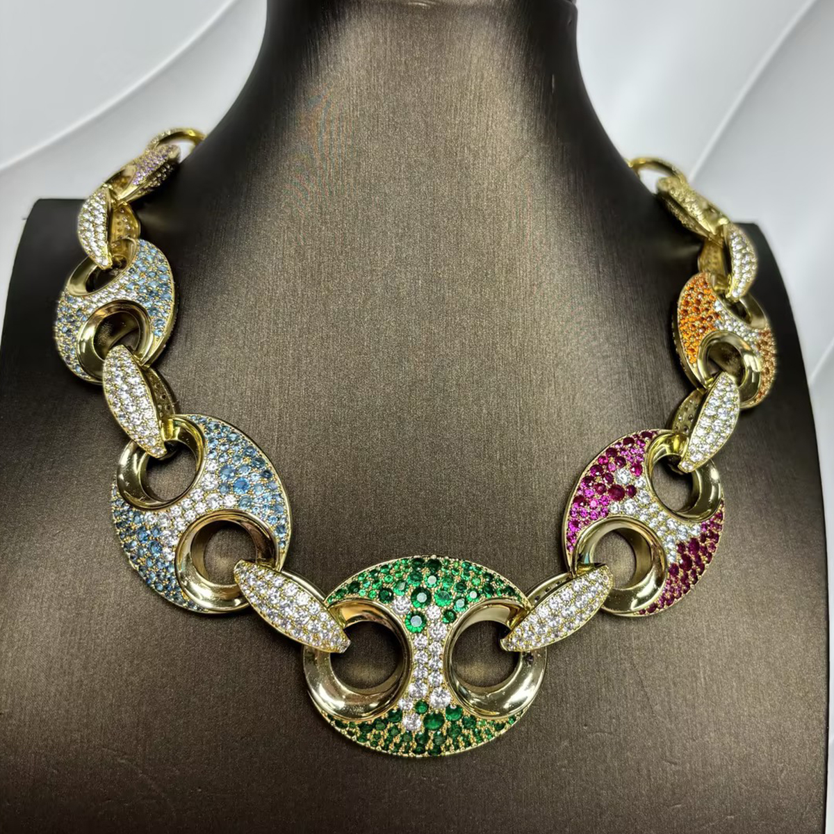 Round Cut Multi-Color Sapphire Bold Hip-Hop Necklace