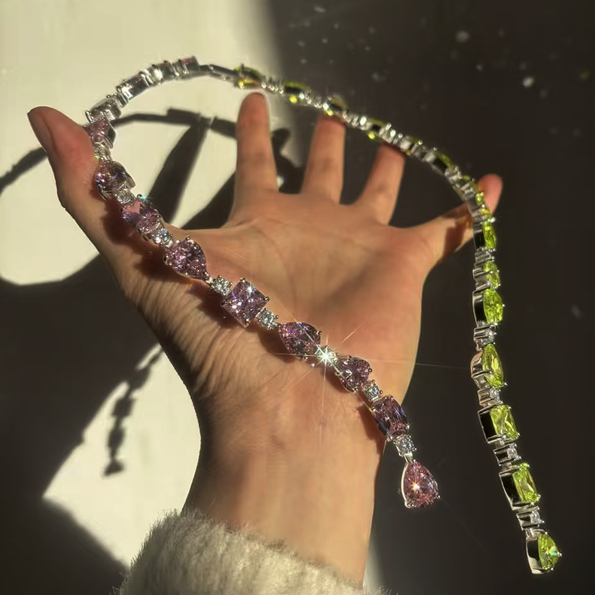 Open Design Multi-Cut Pink&Peridot Sapphire Necklace