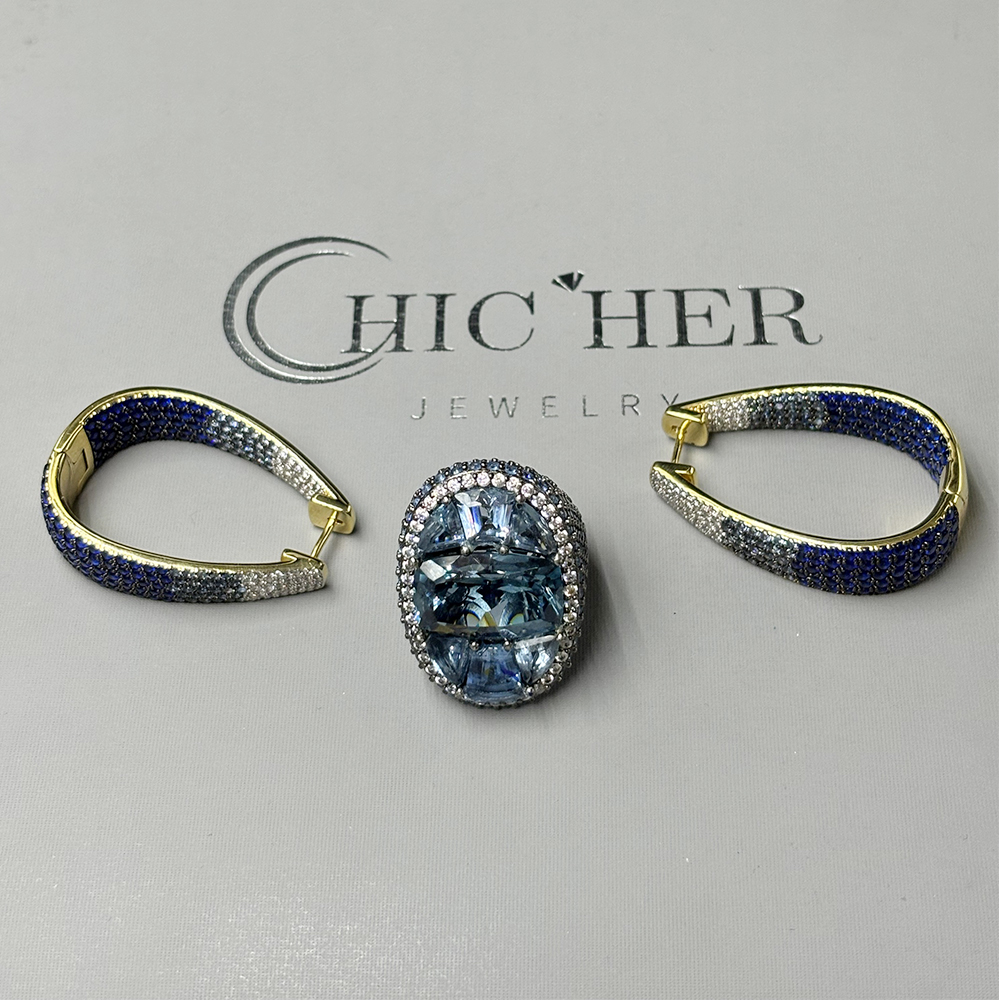 Gradient Sapphire Earrings & Aquamarine Ring Jewelry Set/2pcs