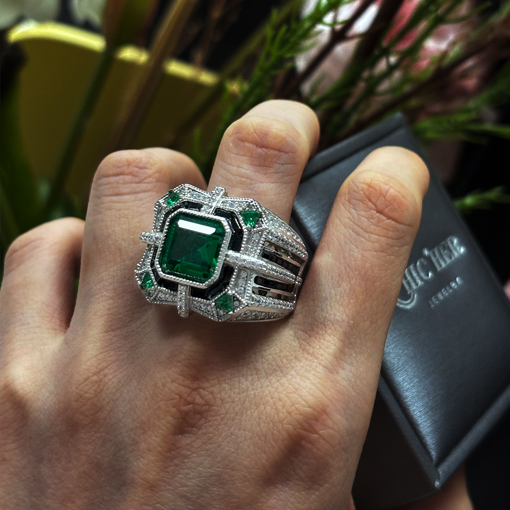 Art Deco 5ct Asscher Cut Emerald Sapphire Ring for Men