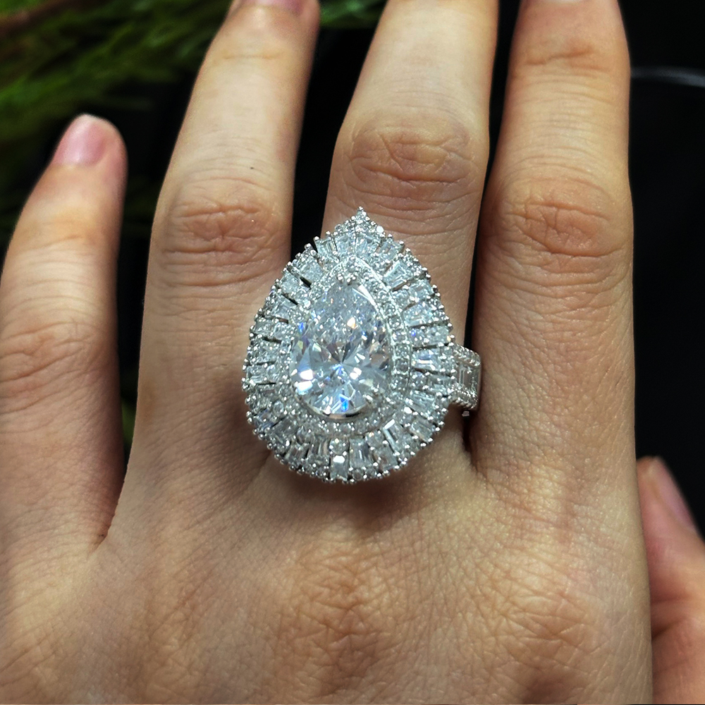 Brilliant Halo 5ct Pear Cut Diamond Cocktail Ring