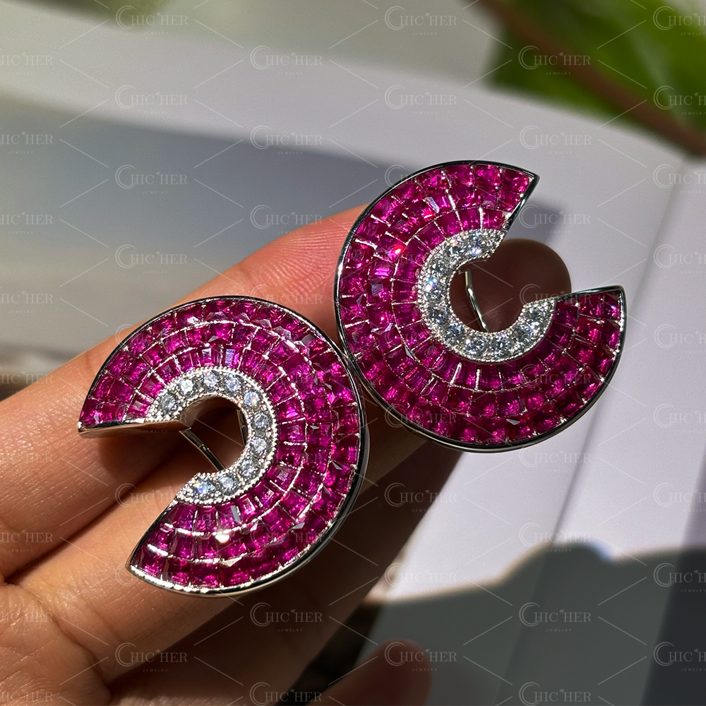 Invisible Setting Ruby&White Sapphire Scallop Earrings