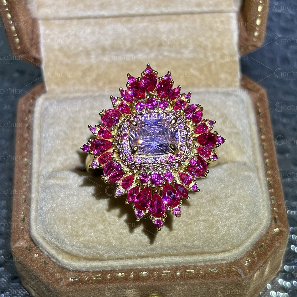 Ruby Halo 2ct Cushion Cut Pink Sapphire Cocktail Ring